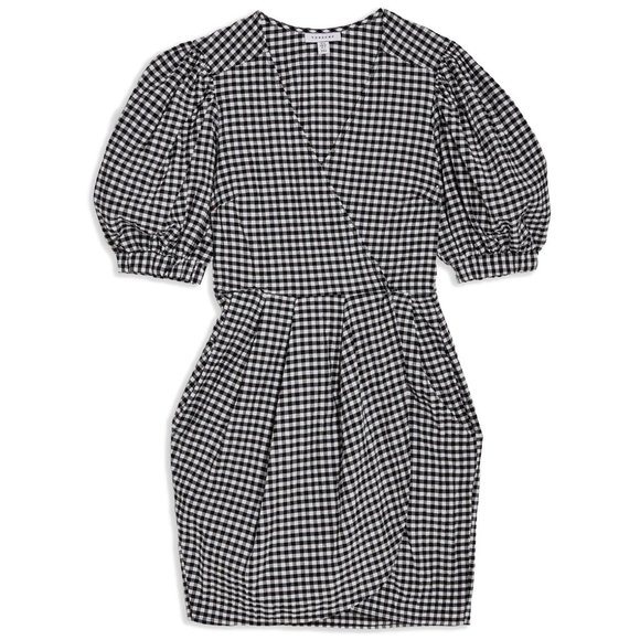 TOPSHOP 9–9 Gingham Tulip Puff Sleeves Dress - NWT Black White - Size 4 - Picture 1 of 5